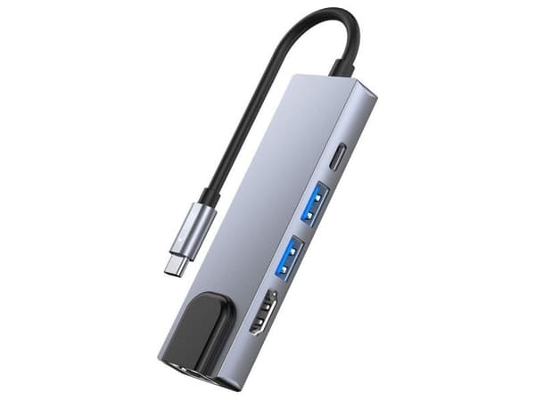 Tech-Protect V3 hubb 5-i-1 USB-C - USB-A 3.0 / USB-A 2.0 / USB-C / HDMI / RJ45 - grå