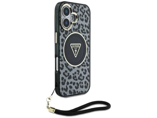 Guess HC IML Leopard Triangle-axelrem med MagSafe för iPhone 16 - svart