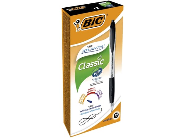 Kuglepen BIC Atlantis, medium, sort - (æske á 12 stk.)