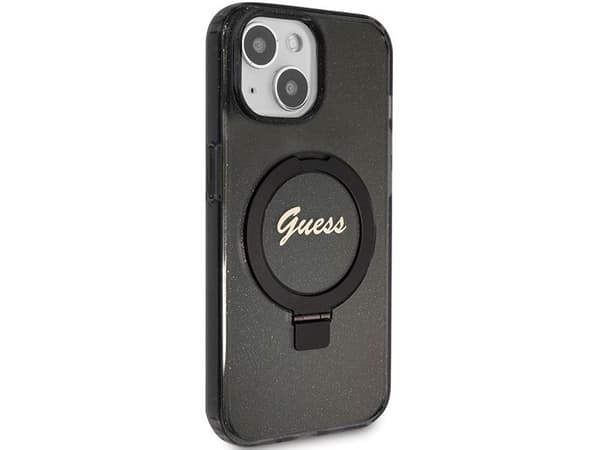 Guess ringstativ script glitter MagSafe-deksel til iPhone 14 / 15 / 13 - svart