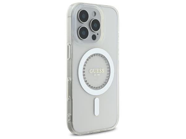 Guess IML rhinestone MagSafe-deksel til iPhone 16 Pro Max - Hvit