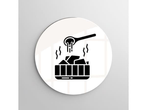 Skylt med SAUNA-ikon, Ø 10 cm, aluminium, vit