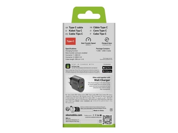 SBS Mobile USB-A - USB-C 2 m USB-kaapeli Musta (1027841)