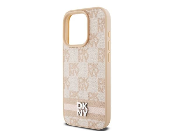 Deklas DKNY PU-lær-etu i rutemønster med striper til iPhone 15 Pro Max roze