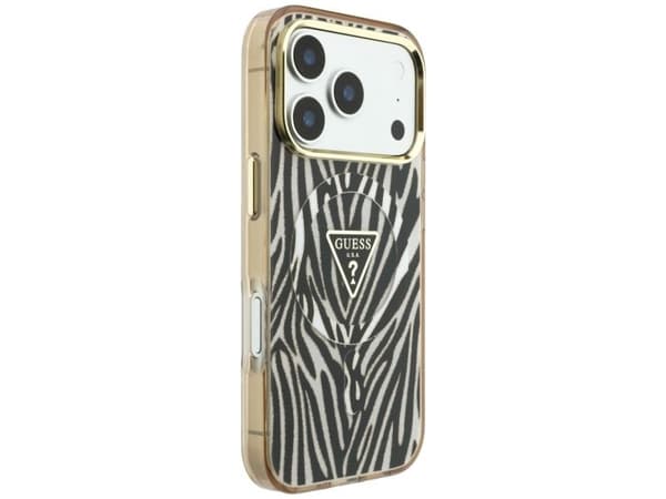 Deklas Guess IML Zebra Glitter Triangle Logo MagSafe iPhone 17 Pro / 18 Pro Case - Gold