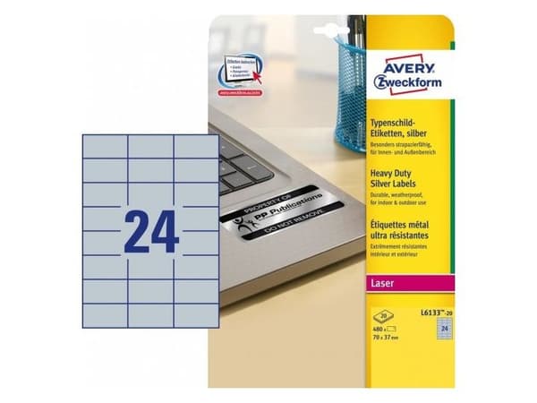 Avery L6133-20, Sølv, Selvklebende skriveretikett, A4, Polyester, Laser, Permanent
