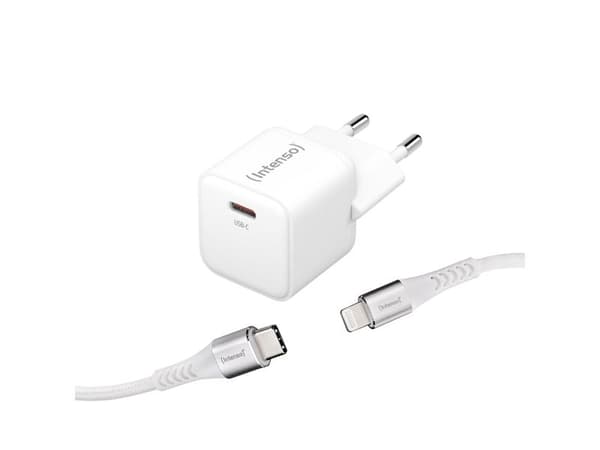 Intenso W30C - Strömadapter - GaN - (Lightning-kabel) - 30 watt - 3 A - PD 3.0, QC 4.0, PD/PPS (USB-C) - MFI-certifierad - vit