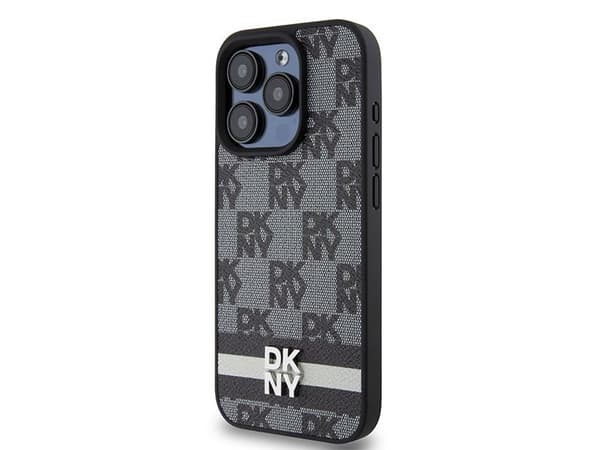 Deklas DKNY PU Leather Checkered Pattern and Stripe Case for iPhone 15 Pro Juodas