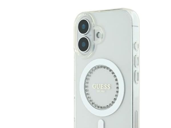 Guess IML rhinestones MagSafe-deksel til iPhone 16 Plus - hvit