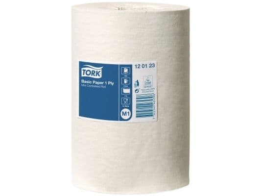 Torkpapper Tork M1 Basic mittmatad 1-lagers vit - (11 rullar per kartong)