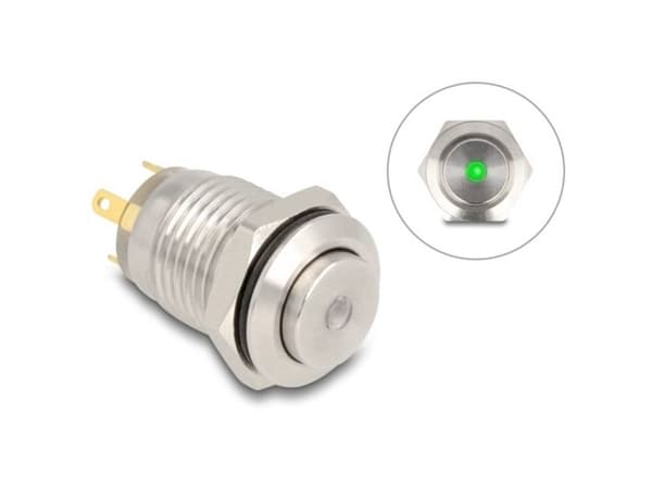 Delock tryckknapp för montering 12 mm 4 x lödanslutning LED grön punkt