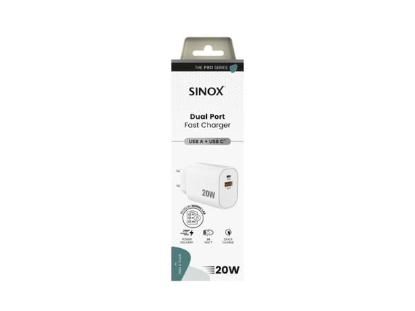 Sinox PRO 230V USB-A + USB-C-laddare 20W. Vit