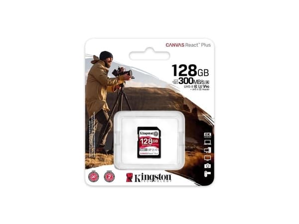 Kingston Canvas React Plus - Flashminnekort - 128 GB - Video Class V90 / UHS-II U3 / Class10 - SDXC UHS-II