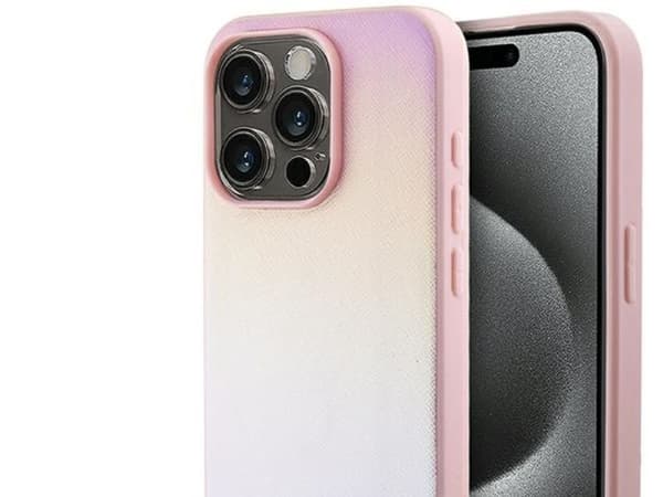 Guess Saffiano iriserande script-skal till iPhone 14 Pro Max - rosa