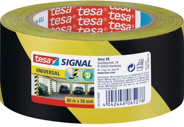 Varoitusteippi Tesa Signal Universal, 50 mm x 66 m, keltainen/musta