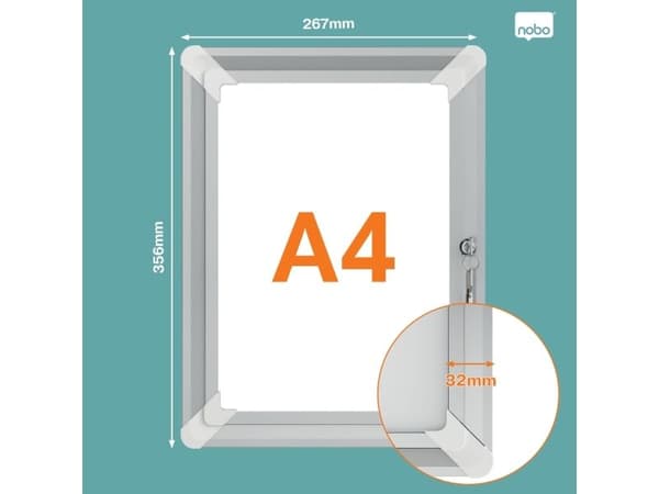 Nobo Premium Plus Låsbar A4 Affischram, Enbildsram, Polypropylen (PP), Aluminium, Silver, Vägg, Rektangulär, Liggande / Stående
