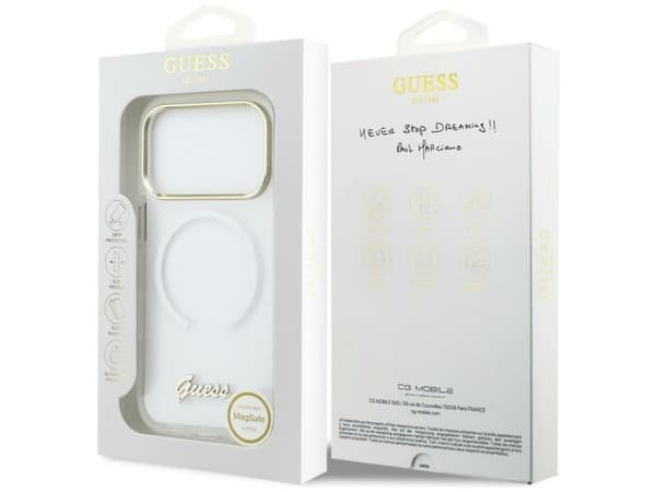 Guess IML Gradient Script Metal MagSafe -suoja iPhone 17 Pro Max -puhelimelle - valkoinen