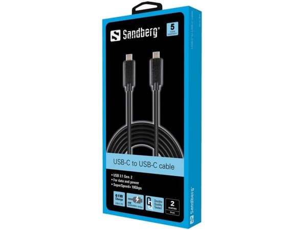 Sandberg - USB-kaapeli - USB-C (uros) - USB-C (uros) - USB 3.1 - 2 m - 2 m