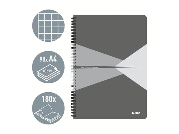 Leitz Office notesblok A4 kvadreret, wireindbundet med PP-omslag Grå - (5 stk.)
