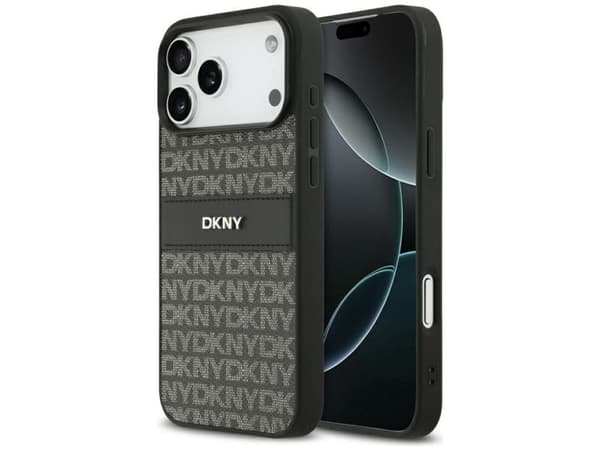 DKNY Repeat Texture Pattern with Tonal Stripe Case for iPhone 17 Pro Max - Black
