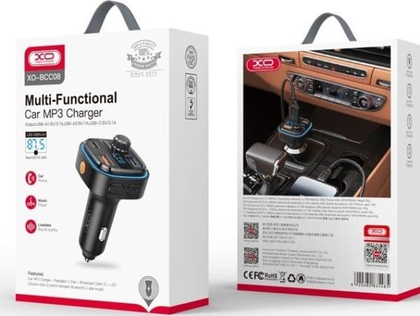 Bil FM-modulator / sändare XO BCC08 USB x2, USB-C, MP3, Bluetooth 5.0 (svart)