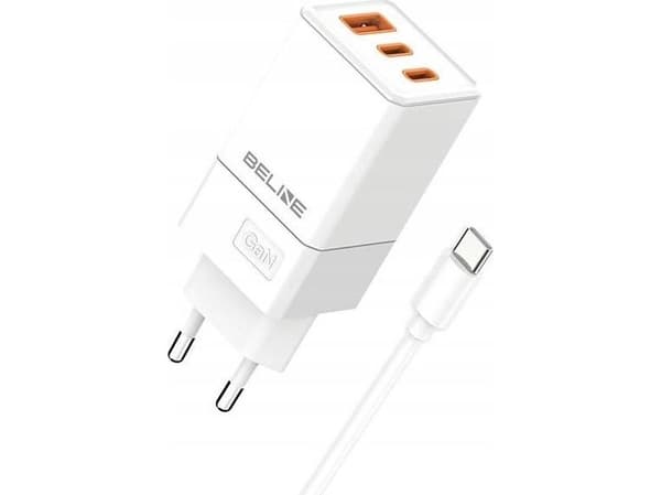Beline nätladdare 65W GaN 2xUSB-C + USB-A+ USB-C-kabel Vit