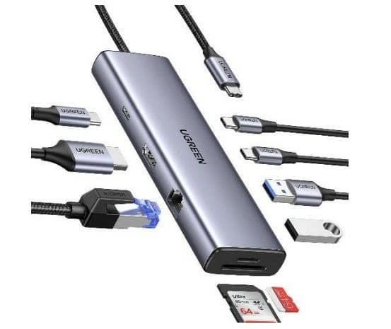 HUB UGREEN CM498 USB-C / 2xUSB-A, 2xUSB-C, HDMI, VGA, RJ45 1000Mbps, SD/TF, USB-C PD 100W harmaa