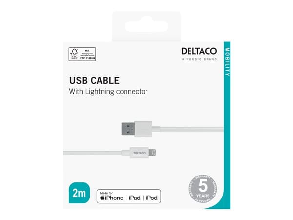 DELTACO - Lightning-kabel - USB hann til Lightning hann - 2 m - hvit