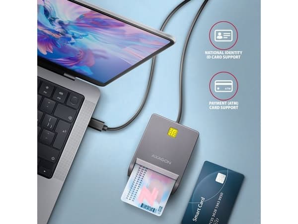 AXAGON CRE-SM3TC, USB-C FlatReader Contact Card Reader Smart Card (eCard), kaapeli 1,2 m