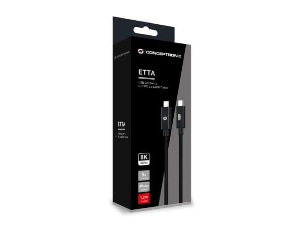 Conceptronic ETTA04B12, 1,2 m, USB C, USB C, USB4 Gen 3x2, 40000 Mbit/s, musta