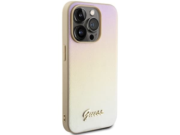 Guess Saffiano Iridescent Script kotelo iPhone 14 Pro - kultainen