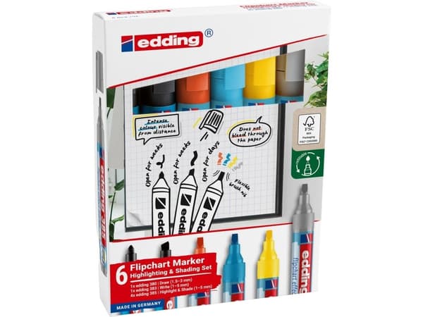 Set med e-385, e-380 och e-383 EDDING flipchart-effektmarkörer, 4 st, blandade färger