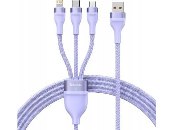 3in1 USB cable Baseus Flash II Series, USB-C + micro USB + Lightning, 66W, 1.2m (Violet)