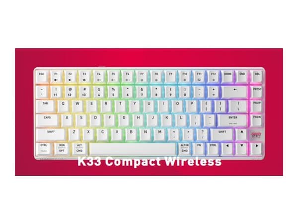 CHERRY XTRFY K33 Compact Wireless, Langaton, USB + RF Wireless + Bluetooth, Mem-chanical key switch, AZERTY, RGB LED, Valkoinen
