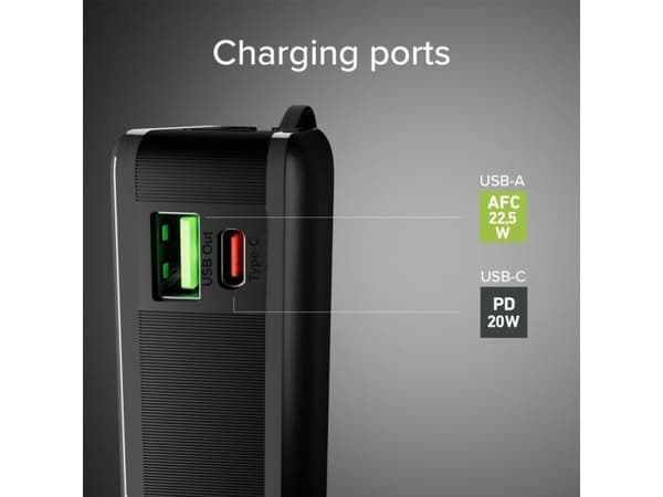 Powerbank SBS 20000mAh, 20W, LCD, integrert kabel, sort