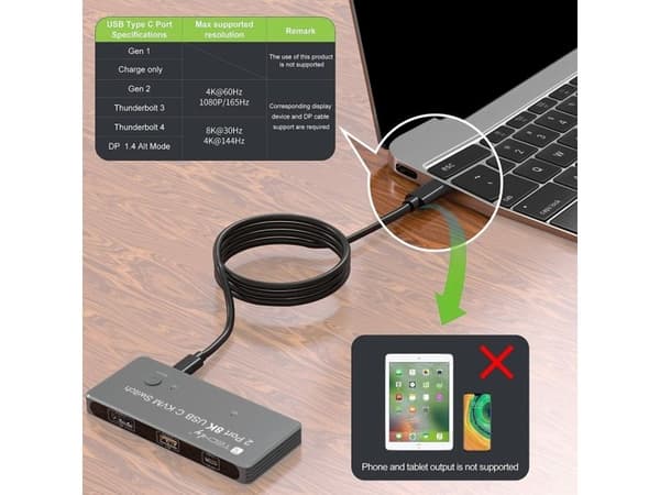 Techly TECHLY KVM USB-C Switch 8K DisplayPort 1.4 2xUSB-C 3xUSB 2.0 (365528) - 46280610