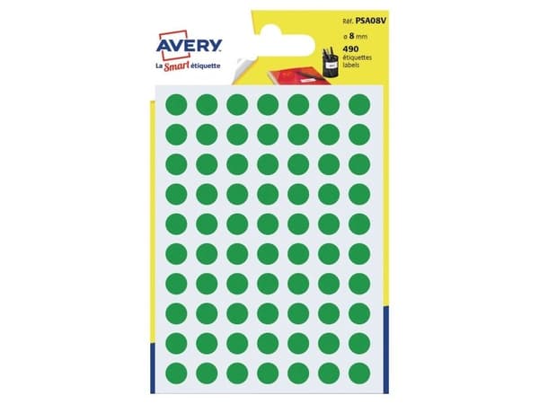 Etiketter, Avery PSA08V, papper, permanent, Ø: 8 mm, grön, förpackning med 490 st