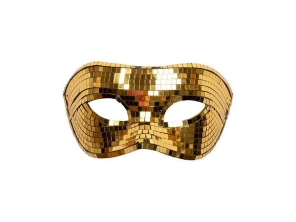 Halvmask i form av en guldfärgad diskokula