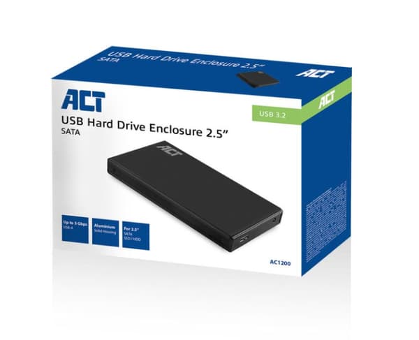 ACT 2.5" SATA-hårddiskkapsling i aluminium, USB 3.2 Gen1