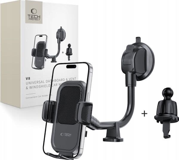 Tech-Protect V8 bilholder for dashbord, frontrute eller luftventil - Svart