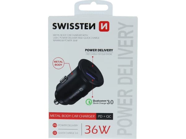 Swissten bil­lader SWISSTEN 36W 2-port USB-C, USB-A
