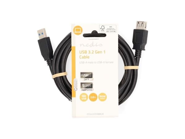 Nedis CCGL61010BK20, 2 m, USB A, USB A, USB 3.2 Gen 1 (3.1 Gen 1), 5 Gbit/s, Sort