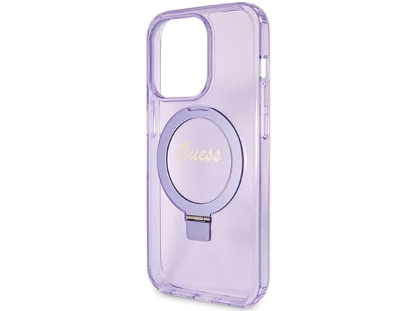 Guess Ring Stand Script Glitter MagSafe suojakotelo iPhone 15 Pro - lilla