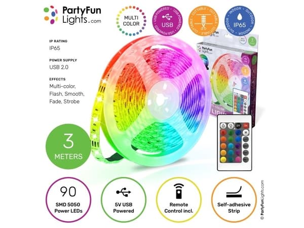 USB LED-lyslist 3 m inkl. fjernkontroll