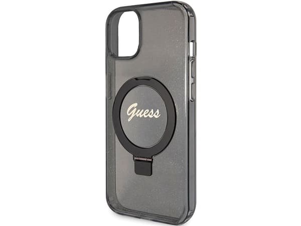Guess ringstativ script glitter MagSafe-deksel til iPhone 14 / 15 / 13 - svart