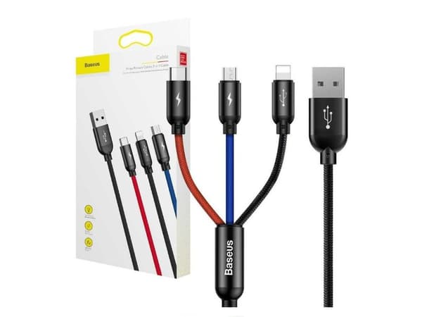 Baseus USB 2.0-kabel med A-kontakt og 3 kontakter: USB C, micro USB, lightning