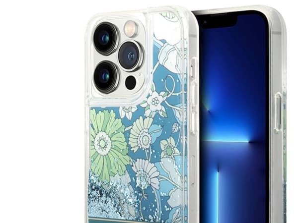 Guess Flower Liquid Glitter-deksel til iPhone 14 Pro Max - grønn