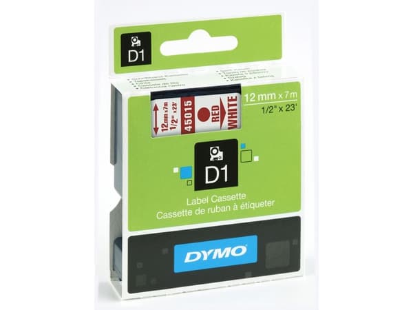 Teksttape Dymo D1, 12 mm, röd/hvid