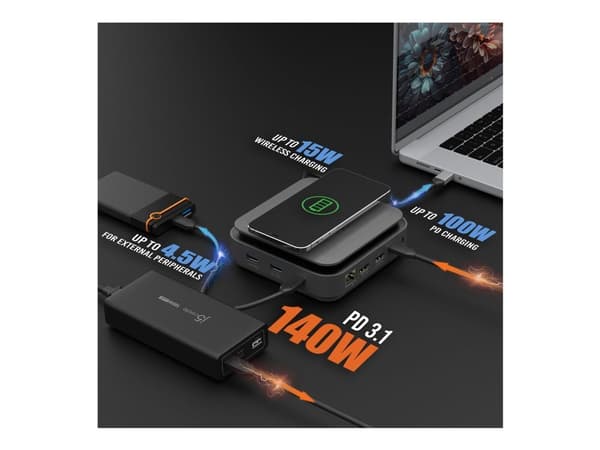j5create JCD3199 - Dokkingstasjon + trådløs lader - USB-C 3.1 - HDMI - 1GbE