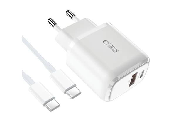 Tech-Protect C20W USB-C PD 20W / USB-A QC 3.0-lader med USB-C / USB-C-kabel - hvit